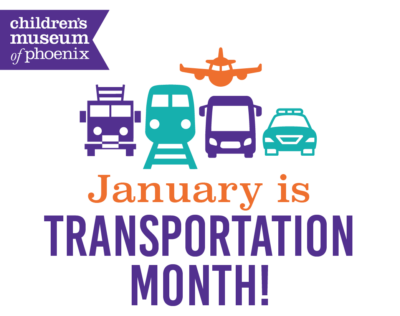 Graphic of airplane, bus, train, police car, and fire engine and the text " January is Transportation Month"