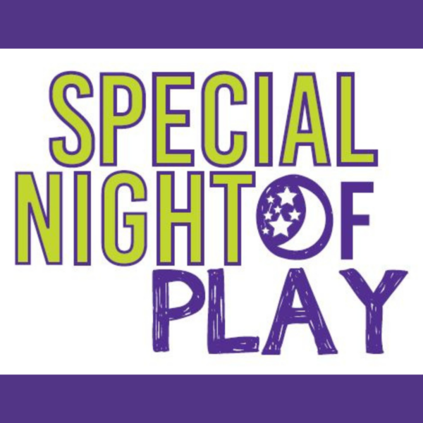 Special Night of Play logo. The text, Special Night, is green with a purple outline and the text, of Play, is purple with a moon and stars inside of the o in the word of.
