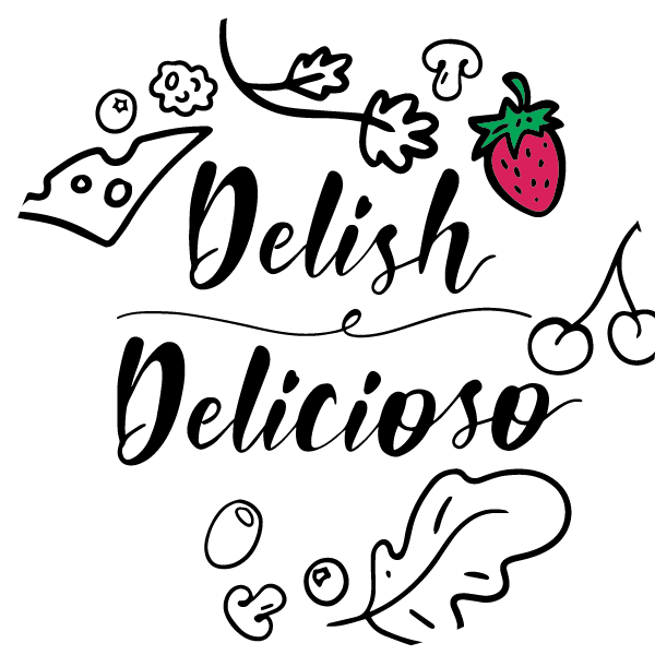 Logo for the Museum's Café, Delish, with graphics of a strawberry, cheese , mushroom, olive, cherry and blueberry